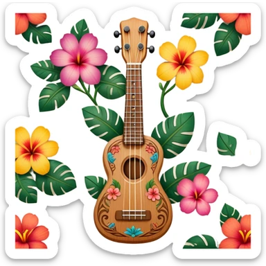 Ukulele with Polynesian carvings with flowers behind it sticker