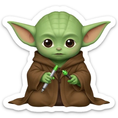 Baby Yoda con su tunica chocolate escribiendo sticker