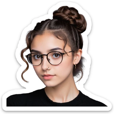 23-year-old girl with square thin glasses, brown curly hair in a high bun, big eyes and lashes, small nose and mouth, thin hoop nose piercing sticker