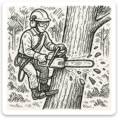 professional arborist cutting down a large tree with chainsaw, wearing safety helmet and protective gear. Scene includes detailed tree trunk, falling wood pieces, forest background, dynamic movement, and emphasis on expertise and safety in tree removal, black doodle sticker