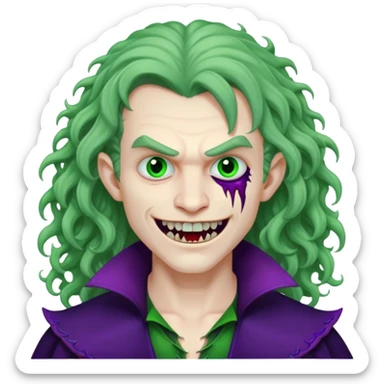Vampire, long curly hair, male, fanged teeth, stitches with one side of face green and the other side purple, sticker