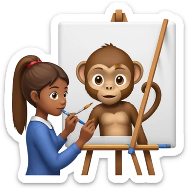 The girl looks like a monkey is painting picture of  monkey on the wall sticker