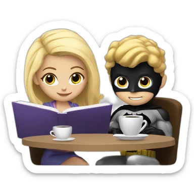 The blonde girl and the batman are studying with coffee sticker