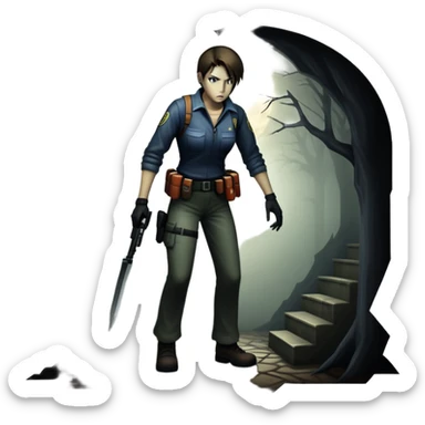 An icon featuring a dark, eerie atmosphere with a spooky environment, inspired by horror games like Resident Evil. The design includes ominous lighting, creepy shadows, and a silhouette of a character in distress. Transparent background enhances the chilling vibe of the scene. sticker
