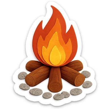 very detailed campfire, intricate cut paper textures, glowing flames, logs arranged in a circle, surrounded by small stones sticker