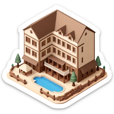 Isometric exterior brown and beige Zion National parks hotel lodge, dollhouse style 3D realistic  sticker