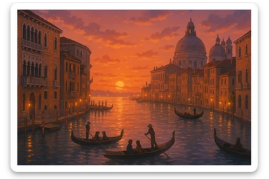 Venice, Italy, romantic sunset over the Grand Canal, dreamy Ghibli-inspired style sticker
