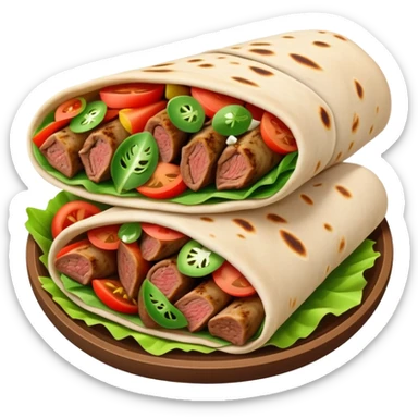 cinematic-realistic-gyros-dish-emoji,-showcasing-succulent,-spiced-meat-wrapped-in-pita-with-fresh-vegetables-rendered-with-lifelike-detail-and-dynamic,-appetizing-lighting. sticker
