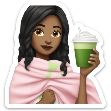 White girl with black hair holding matcha latte with pink blanket sticker