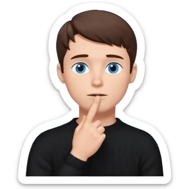 man in black knitted sweater in thinking pose, blue eyes brown hair, index finger touching his chin, eyes looking up to the top right sticker