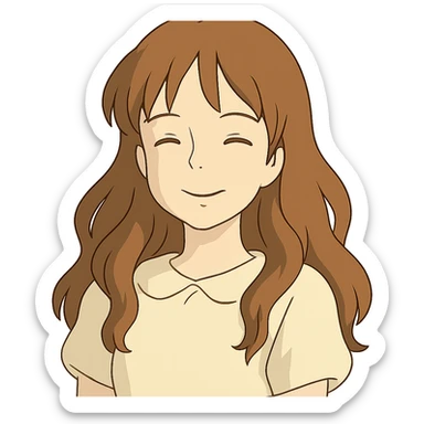 smiling girl with long, wavy hair and white skin, ghibli style sticker