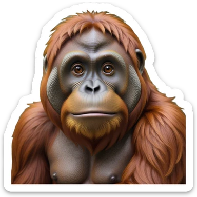Cinematic Noble Orangutan Portrait Emoji, Poised and regal, with a robust, thoughtful build and deep, soulful eyes framed by rich, textured fur, Simplified yet sharp and sophisticated features, highly detailed, glowing with a soft, earthy glow, high shine, intelligent and contemplative, stylized with an air of ancient wisdom, focused and commanding, soft glowing outline, capturing the essence of a watchful and confident guardian that appears ready to step out of the screen with timeless authority! sticker