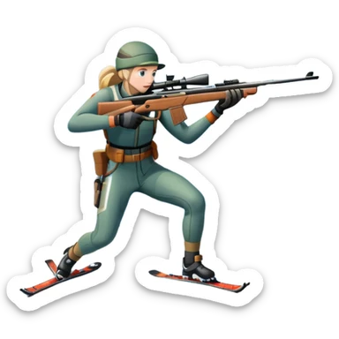 An icon showing a snowy landscape with pine trees, mountains, and a clear sky with a biathlete aiming a rifle in the foreground, wearing winter gear and skis. Transparent background emphasizes the precision, endurance, and beauty of this winter sport. sticker