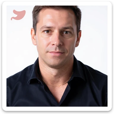 Vertical portrait, only the man's face in a realistic style with a determined gaze. Include symbols of a light stomach or stylized intestine next to the face to represent lightness and well-being during fasting. The atmosphere should convey lightness and wellness. sticker