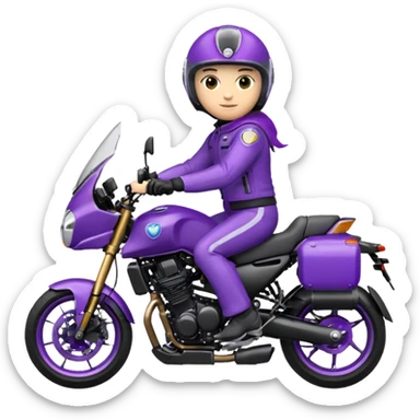 Créer un emoji avec une moto mt07 sport noir mate / violet iridescent très foncé, pare-brise de la moto violet. Avec une pilote dessus, visage complet caché  par la visière violette . Avec en arrière plan cercle violet. sticker