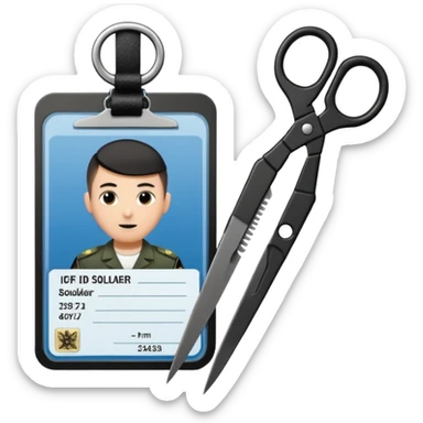 Floating black Scissors cutting an idf soldier ID card in 2 parts .hyper realistic sticker