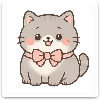 cute chubby cat with a bow, soft gray fur, happy face, kawaii style sticker