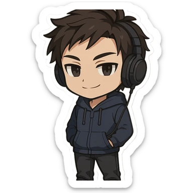 2D chibi anime style male character, cool, smiling, hands in pockets, wearing headphones with a visible wire sticker