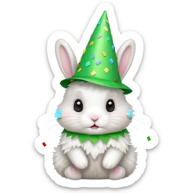 Rabbit in Green Party Hat – white bunny with cone party hat and confetti. sticker