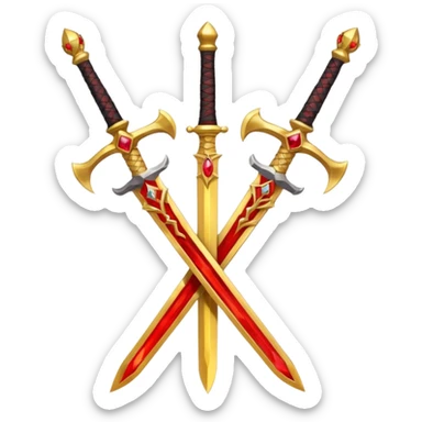 Two crossed swords that are golden in blade and handle and have fiery and royal appearence to them as well as red gem stones yellow in color sticker