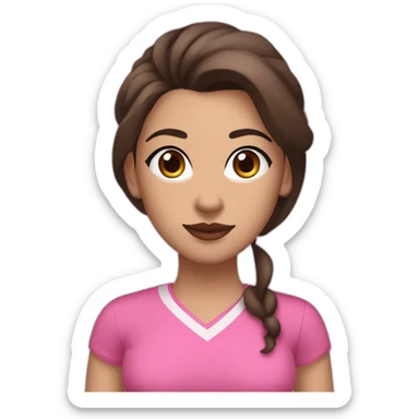 White women with long dark brown hair and long eyelashes dark brown eyes and pink cheeks with pink lips and thick dark brown eyebrows, athletic body, dressed in brown leggings and a brown top sticker