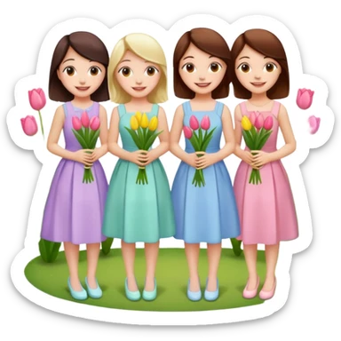 5 girls at a garden party wearing pastel dresses and holding tulips sticker