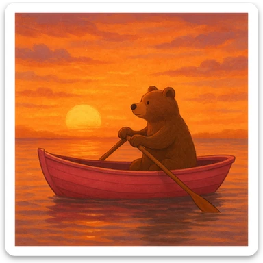 pink rowing boat with a bear rowing, sunset background sticker