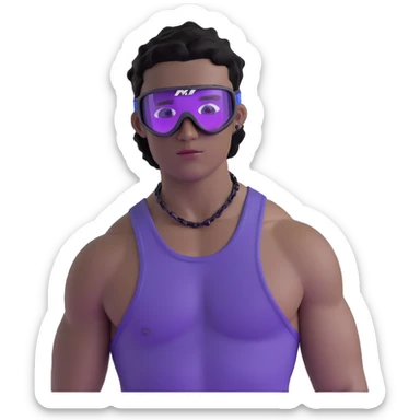 shirtless male athlete with white skin and moderately curly black hair on top with shaved sides, wearing ski goggles with purple frames/outline and very dark heavily tinted black lenses that completely hide the eyes, and a simple plain black chain necklace, no earrings sticker