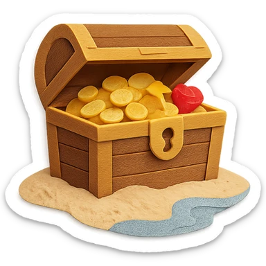 illustration of a treasure chest overflowing with gold coins and jewels on a sandy beach, paper-craft style sticker