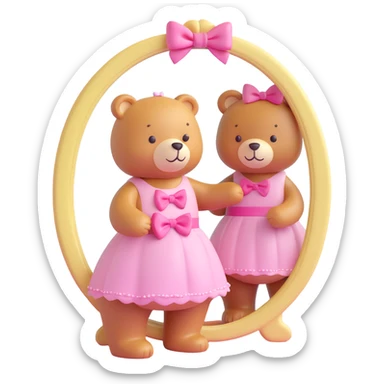 3D iOS-style bear with a pink bow and dress, looking at its reflection in a decorative mirror, pastel background, soft and rounded features sticker