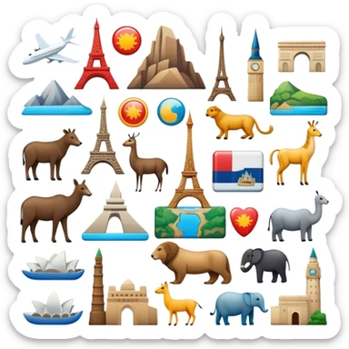 Icon for Magnet Collecting: a variety of colorful magnets with iconic landmarks, animals, and symbols from different countries, neatly arranged on a magnetic board or fridge. The icon should convey the fun and diversity of magnet collecting. Transparent background. sticker