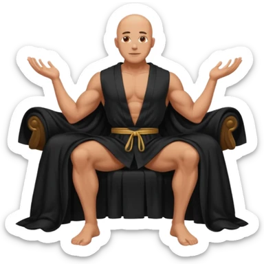 fullbody jacked bald guy, sleeveless and unbuttoned in full black robe sitting sticker