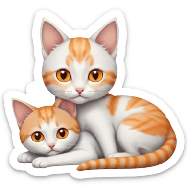 full body of very small + skinny ginger and white kitten with deep orange eyes and triangular shaped face lying down cuddling a grey and white kitten who is a bit bigger than him sticker