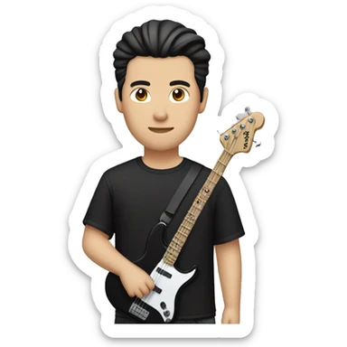  chinese guy with fair skin and man bun and black shirt and bass guitar sticker