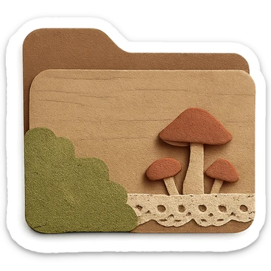 quaint folder icon in cottagecore style, folder made of wood and fabric, with moss, mushrooms, lace details, soft earthy palette, no text sticker