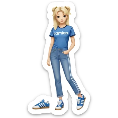 Beautiful Blonde woman standing up posing with one leg slightly crossed over the other leg, wearing denim straight jeans, a pair of adidas og samba shoes and a cute top with small bows on it sticker