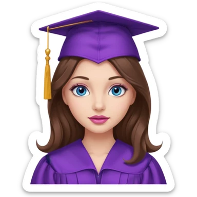 girl with gorgeous lightly curled long brown hair, blue eyes, long lashes makeup, sexy pink lips, wearing a purple graduation cap and gown sticker