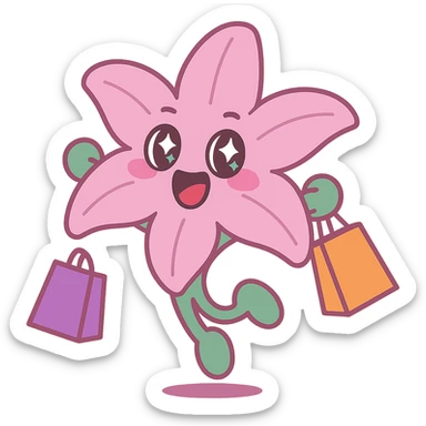 pastel magenta lily flower with sparkling eyes and open mouth, jumping with joy while holding shopping bags, round and bouncy, vibrant toon style sticker