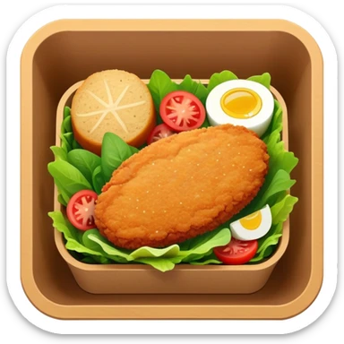 salad in a thin rectangular brown box container. with a chicken cutlet on top sticker