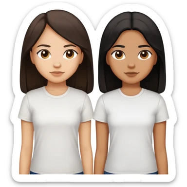 Sisters, light skin with dark brown long hair, tan skin black long hair, and tan skin dark brown short hair, white tee sticker