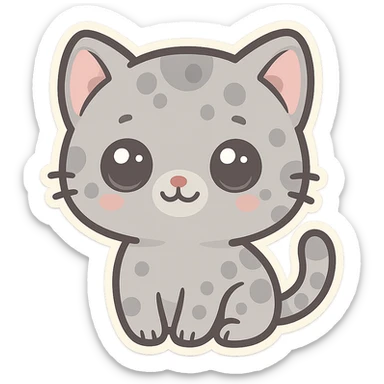 Cute emoji of a small gray cat with black spots, big shiny kawaii eyes, tiny pink nose, and a sweet smiling expression. Minimalist design, clean vector style, high resolution, soft pastel colors, with a transparent background. sticker