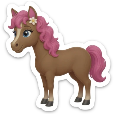 cheval marrons avec des mèche rose avec des yeux bleu et des oreilles en forme de fleur, les chevuex boucléq sticker