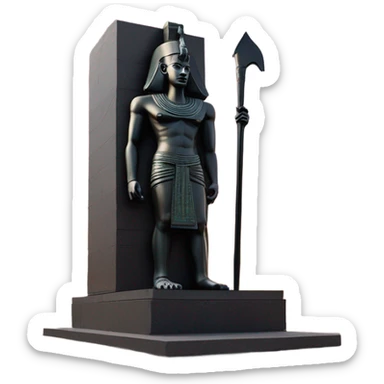 Osiris crook and flail obsidian statue on granite 30 ton brick, massive size, sunlight behind, sunset colors, reflections on black stone polished clean perfect, photography angles sticker