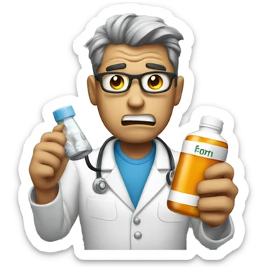 Angry person on the phone holding a bottle of medicine sticker