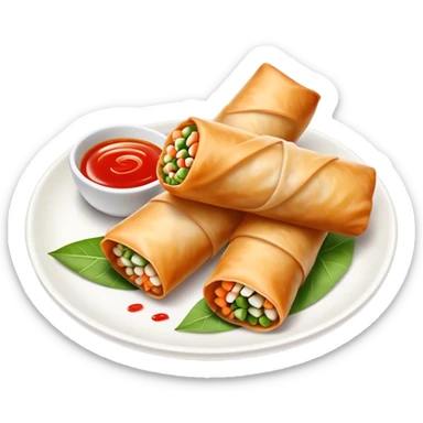 Spring Rolls Cinematic Realistic Spring Rolls Dish Emoji, depicted as 2 perfectly crisp spring rolls served with dipping sauce, rendered with lifelike textures and dynamic, appetizing lighting. sticker