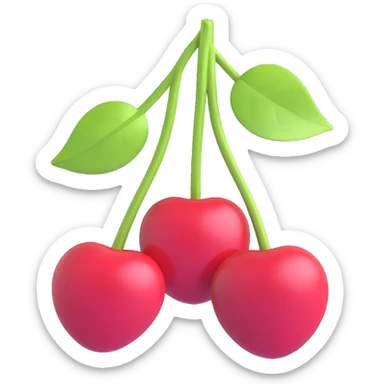 two cherries with green leaves connected by stems, 3D iOS emoji style, depth, shading, glossy finish sticker