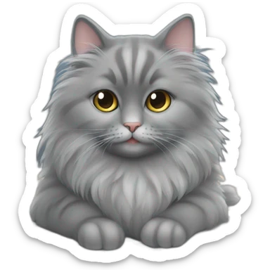 Fluffy grey cat sitting next to the MacBook sticker