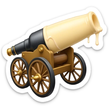Cannon on two wheels that has some mayonnaise dripping out of the front sticker
