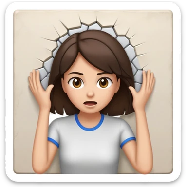 A brunette hitting her head on a wall sticker