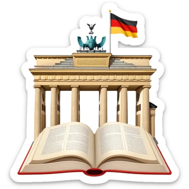 An icon featuring the Brandenburg Gate and the big flag of Germany, symbolizing the German language. The design includes an open book with German text representing language learning and German culture. Transparent background highlights the essence of German heritage. sticker